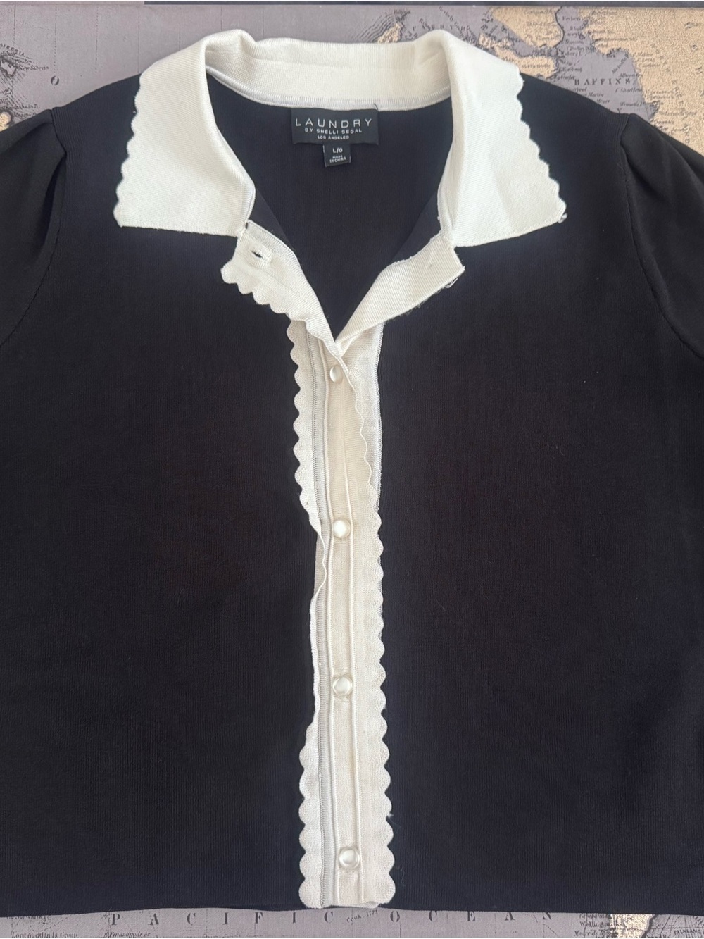 Laundry By Shelli Segal Black Button-Front Polo Cardigan with Cream Trim large